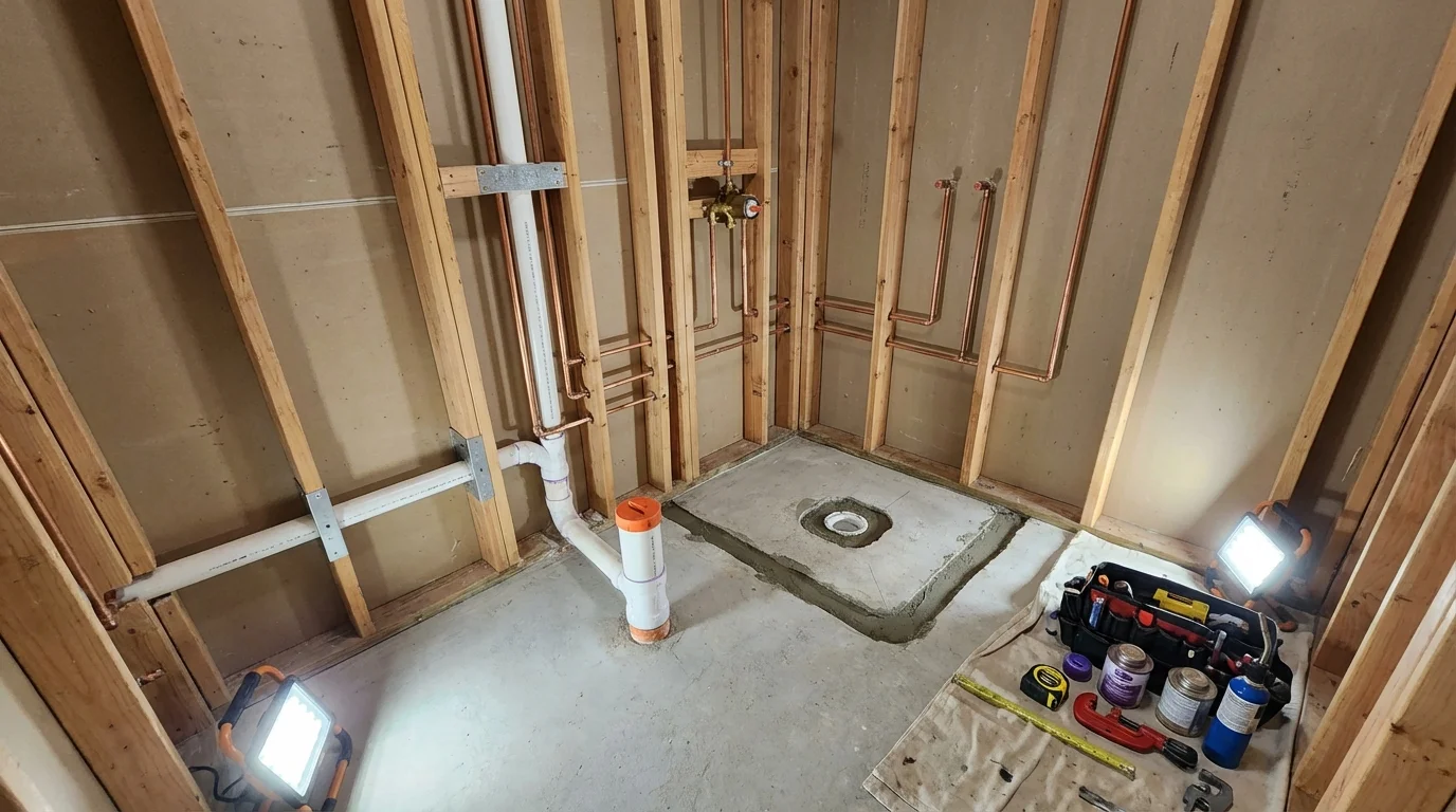 Bathroom rough-in plumbing during remodel by Johns Plumbing LLC in Marine City