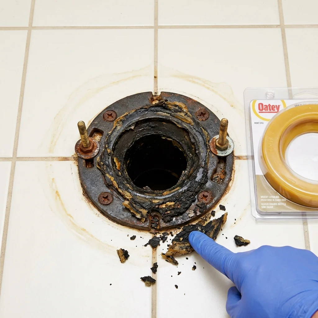Failed wax ring showing water seepage at the base of a toilet in a Marine City, MI home