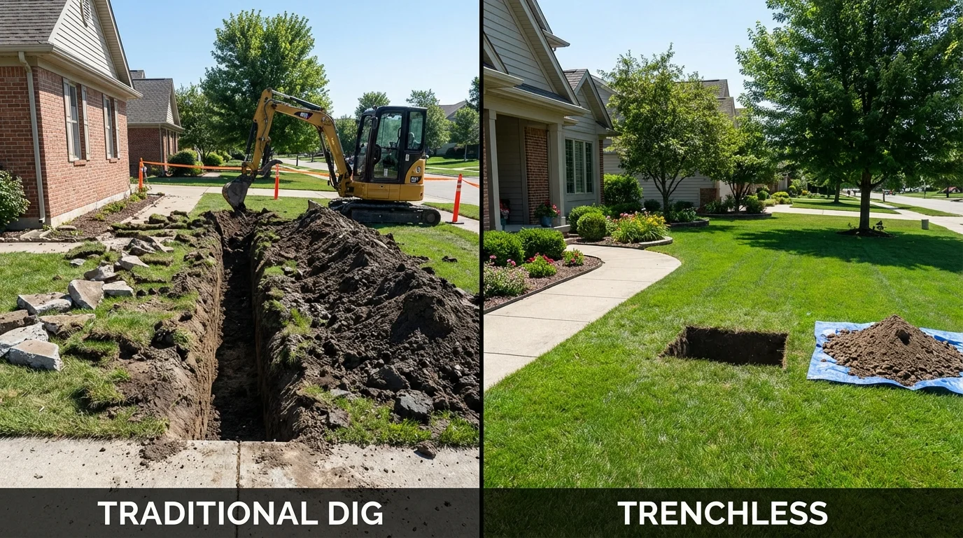 Trenchless sewer repair with minimal yard damage versus traditional excavation in Marine City, MI