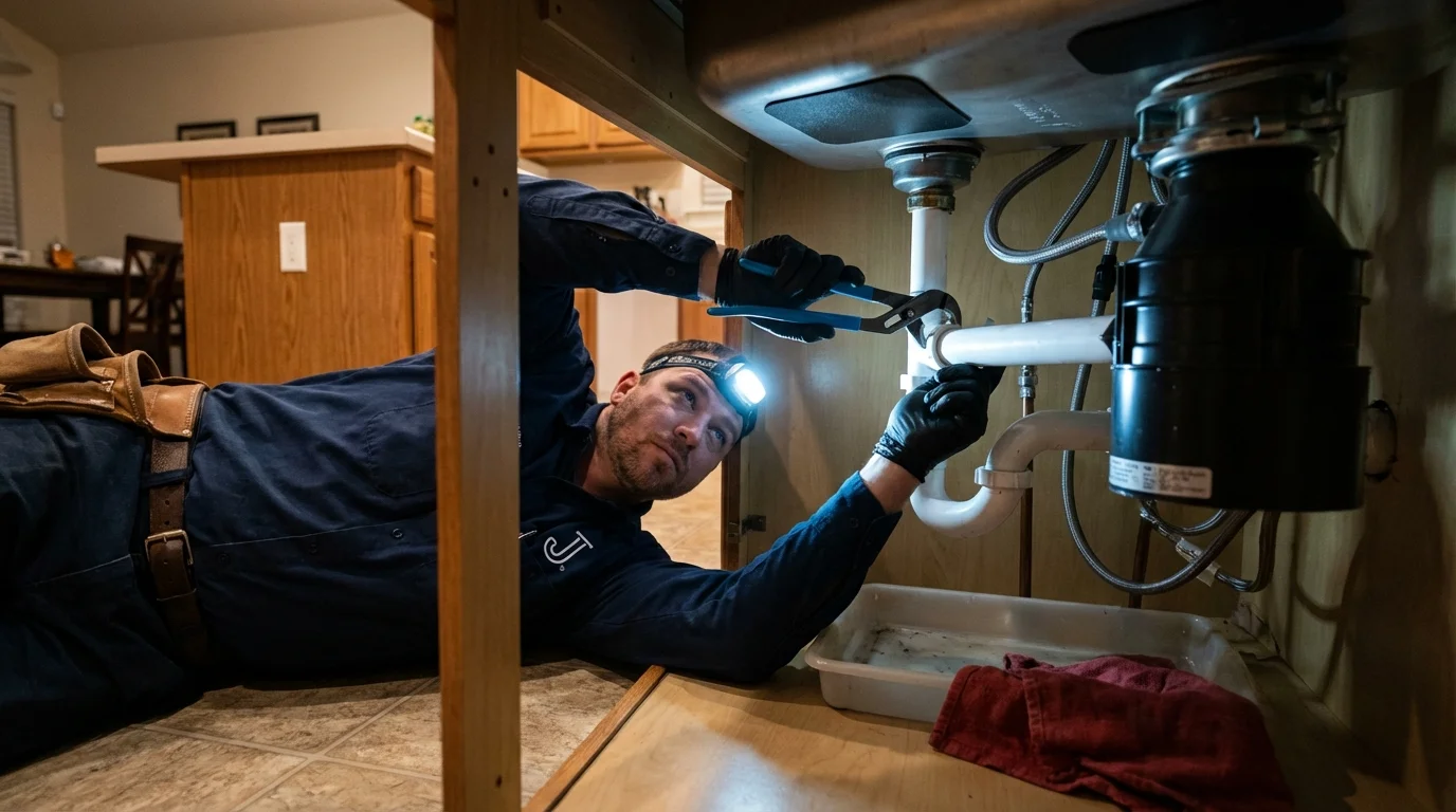P-trap and supply line connections under a kitchen sink showing a common leak point in Marine City, MI